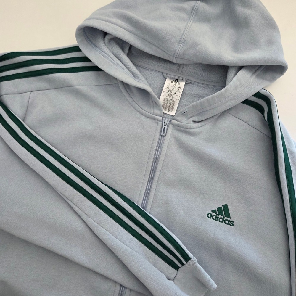 Adidas Full Zip Hoodie Light Blue 3-Stripes Fleece Mens 2XL